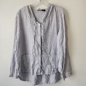 Tahari Linen Hooded Shirt Women L Blue White Stripe Button Up Beach Coastal Chic